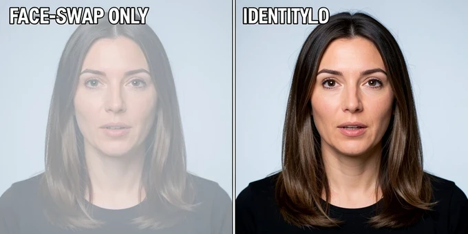 A split-frame comparison of the same woman talking to camera. On the left panel labeled "FACE-SWAP ONLY" her face matches but her hair length and shoulder width visibly differ between two ghosted overlapping takes. On the right panel labeled "IDENTITY LOCKED" the hair, body and expression hold perfectly steady across the same two takes. Crisp even studio lighting from a frontal softbox, neutral cool-white temperature, thin vertical divider line down the centre. Bold white sans-serif labels, uppercase, placed top-left of each panel.