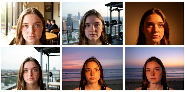 A horizontal contact sheet of five stills showing one identical young woman with the same face, freckles and hair, placed in five different settings: a sunlit cafe, a city rooftop, a gym, a beach at dusk, and a studio backdrop. She turns her head slightly differently in each frame while the facial features stay exactly the same. Soft natural daylight from camera-left in outdoor frames, warm tungsten key in the studio frame, gentle shadows under the cheekbones. The grid reads as proof that one locked identity survives every scene.