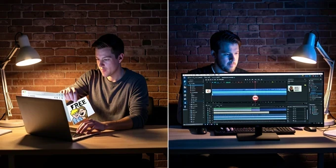 Two creators at adjacent desks shown in a single wide frame, the left creator dragging a meme GIF into a browser tab labeled "FREE" on a laptop, the right creator scrubbing a long timeline in a paid video editor with a small "30 MIN" badge on screen. A faint vertical divider line separates the two halves. Modern shared studio with brick wall behind them. Warm tungsten key light from desk lamps on each side, cool blue monitor glow on their faces, soft shadows pooling on the desks. Candid, documentary workflow atmosphere.