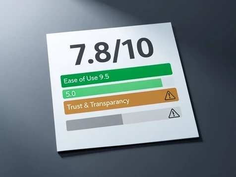 A rating panel mockup showing the headline number "7.8/10" in large bold charcoal type at the top, with three labeled horizontal score bars below: "Ease of Use 9.5" nearly full and green, "Trust & Transparency 5.0" half-filled and amber, and a partly filled neutral bar for an overall blend. A small warning triangle icon sits beside the amber trust bar. The panel rests on a matte dark-grey desk surface. Soft directional light from the upper left, cool white temperature, faint shadow falling to the lower right. Sober, analytical mood.