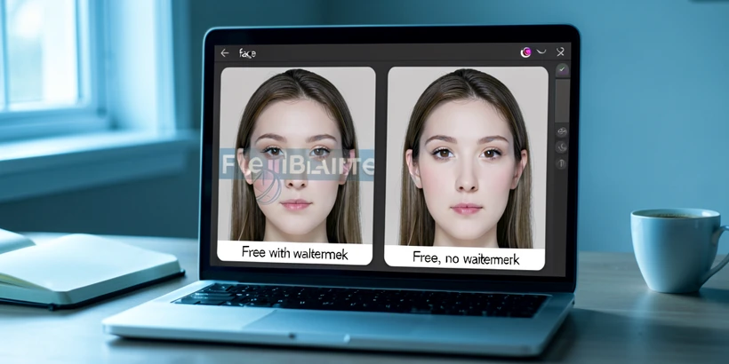 A laptop screen displays a side-by-side panel of two face swap interfaces, the left labeled "Free with watermark" showing a portrait stamped with a translucent logo across the cheek, the right labeled "Free, no watermark" showing the same portrait clean. Setting: a quiet desk with a notebook and a coffee cup just out of focus. Lighting: soft cool daylight from a window on the left, falling gently across the screen surface. Style: editorial product photography. Mood: clear and reassuring.