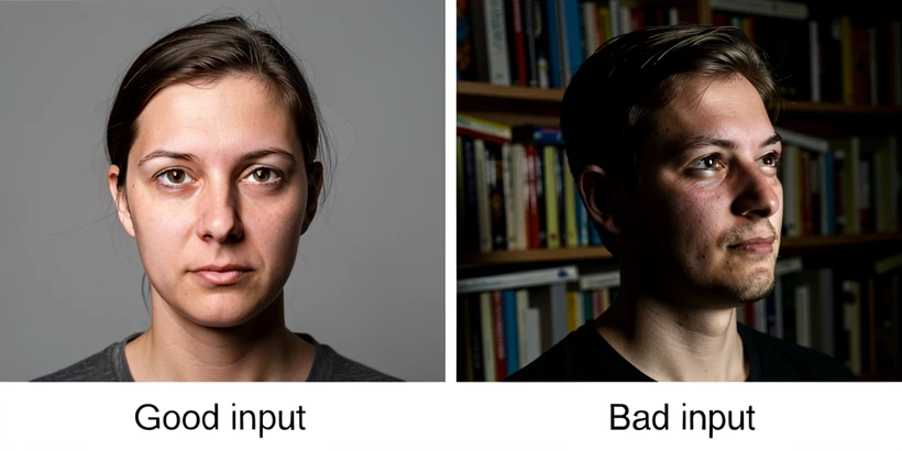 Two portrait photos labeled "Good input" and "Bad input" displayed side by side. The good input shows a sharp, evenly lit front-facing portrait of a person with a plain background. The bad input shows the same person at a sharp three-quarter angle, partially in shadow, with a cluttered bookshelf behind them and slight motion blur. Lighting: studio softbox key light from the front for the good shot, harsh overhead fluorescent for the bad shot. Style: documentary reference photography. Mood: instructive and direct.