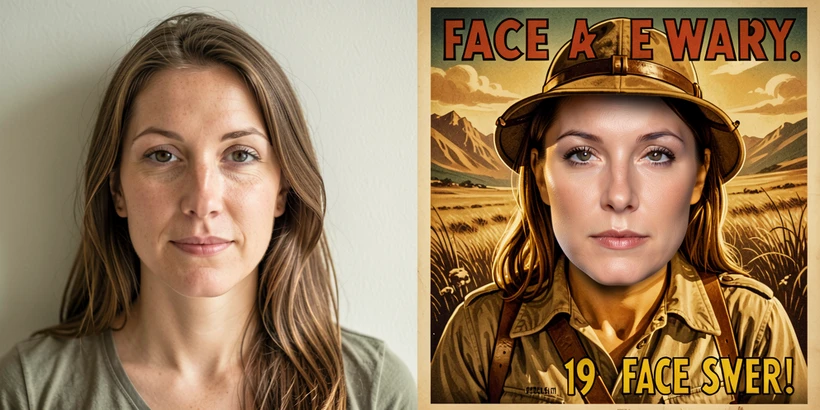 A split-frame before-and-after of a face swap result. On the left, a casual front-facing portrait of a woman in soft daylight against a plain wall. On the right, the same woman's face cleanly composited onto a vintage movie-poster-style photograph of a 1940s explorer in field gear, with edge blending so smooth no seam is visible at the hairline or jaw. Lighting on the right matches the cinematic warm tungsten of the original poster. Style: editorial split comparison. Mood: clean, technically convincing.