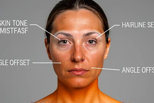 A failed face swap result shown as a single annotated photograph. A face has been pasted onto a portrait but the seams are obviously visible: the skin tone of the swapped region is noticeably warmer than the neck below, a faint hairline edge runs across the forehead, and the left eye sits slightly lower than the right because the source photo was shot at a side angle. Thin clean white callout lines point to each of these three problems with small white labels reading SKIN TONE MISMATCH, HAIRLINE SEAM, ANGLE OFFSET in a sans-serif uppercase font. Lighting is flat studio illumination so the defects are easy to read. Style: technical illustration. Mood: instructive.