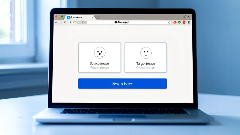 A clean web browser window centered on a face swap tool's homepage, showing two upload boxes side by side labeled Source Image and Target Image, with a large blue Swap Face button below them. The browser tab reads aifaceswap.io and there is no login prompt anywhere. Soft natural daylight enters from a window to the upper left, casting a gentle, cool-toned glow across the laptop screen and the white desk surface. The screen content is crisp and sharp while the desk edges blur into soft bokeh. Style: clean editorial product photography. Mood: calm and frictionless.