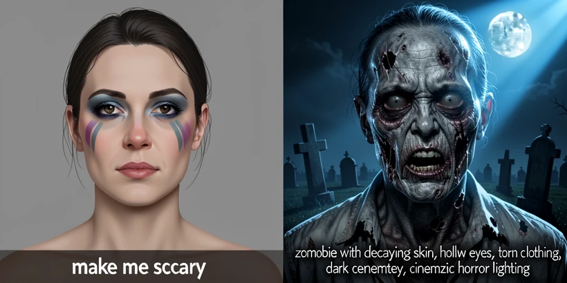 A two-panel comparison render showing on the left a flat, generic Halloween portrait of a person with mild face paint and an empty grey background labeled with the prompt "make me scary" in white sans-serif type at the bottom, and on the right a richly detailed zombie portrait with grey decaying skin, hollow sunken eyes, torn collar, and a moonlit cemetery with crooked headstones behind, labeled "zombie with decaying skin, hollow eyes, torn clothing, dark cemetery, cinematic horror lighting" in the same white sans-serif. Cool blue moonlight from the upper right rakes across both faces. Style: editorial AI demonstration. Mood: instructional contrast.