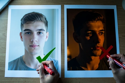 A flat-lay desk scene captured from above showing two printed selfies side by side on a wooden desk: the left print is a sharp, evenly lit front-facing portrait of a young man under soft daylight, and the right print is the same man at a steep three-quarter angle in dim warm room light with strong shadows across one eye. A pair of hands with a red marker draws a green check on the left print and a red cross on the right. Light comes from a window at the upper left, soft and cool. Style: documentary photography. Mood: instructional.