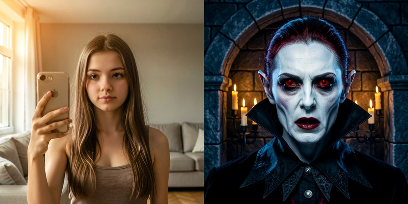 A split before-and-after photo composition showing on the left a young woman taking a plain front-facing selfie under soft window light in a neutral living room, and on the right the same face seamlessly composited onto a vampire portrait with pale skin, deep red eyes, dark gothic collar, and a candlelit stone arch behind her. Lighting on both halves comes from the upper left, warm on the source side and cool blue-shifted on the vampire side. Style: cinematic editorial. Mood: playful horror.
