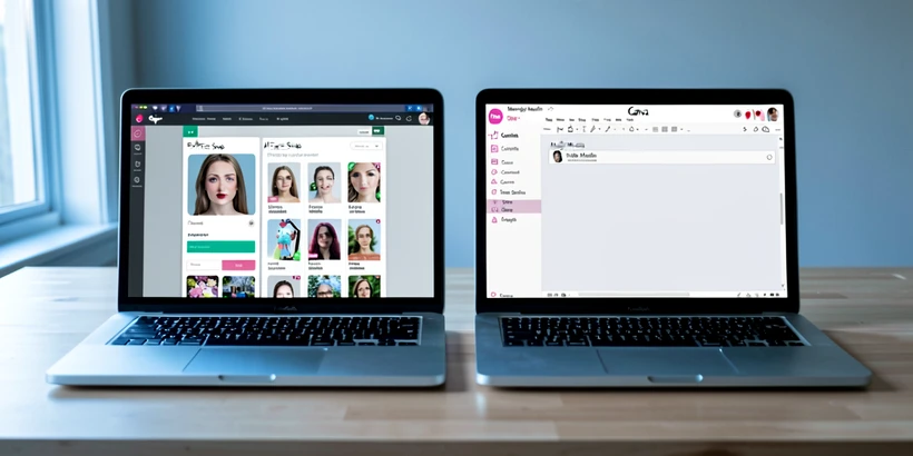 Two laptop screens placed side by side on a clean wooden desk, the left screen showing the Pixlr Express AI Face Swap tool with a face upload panel and template thumbnails, the right screen showing the Canva editor with a Magic Media menu open but no face swap entry visible, soft daylight from a window on the left casting cool diffused light across both keyboards, faint shadow under each laptop, calm overhead workspace mood. Style: clean editorial product photography. Mood: factual and quiet.