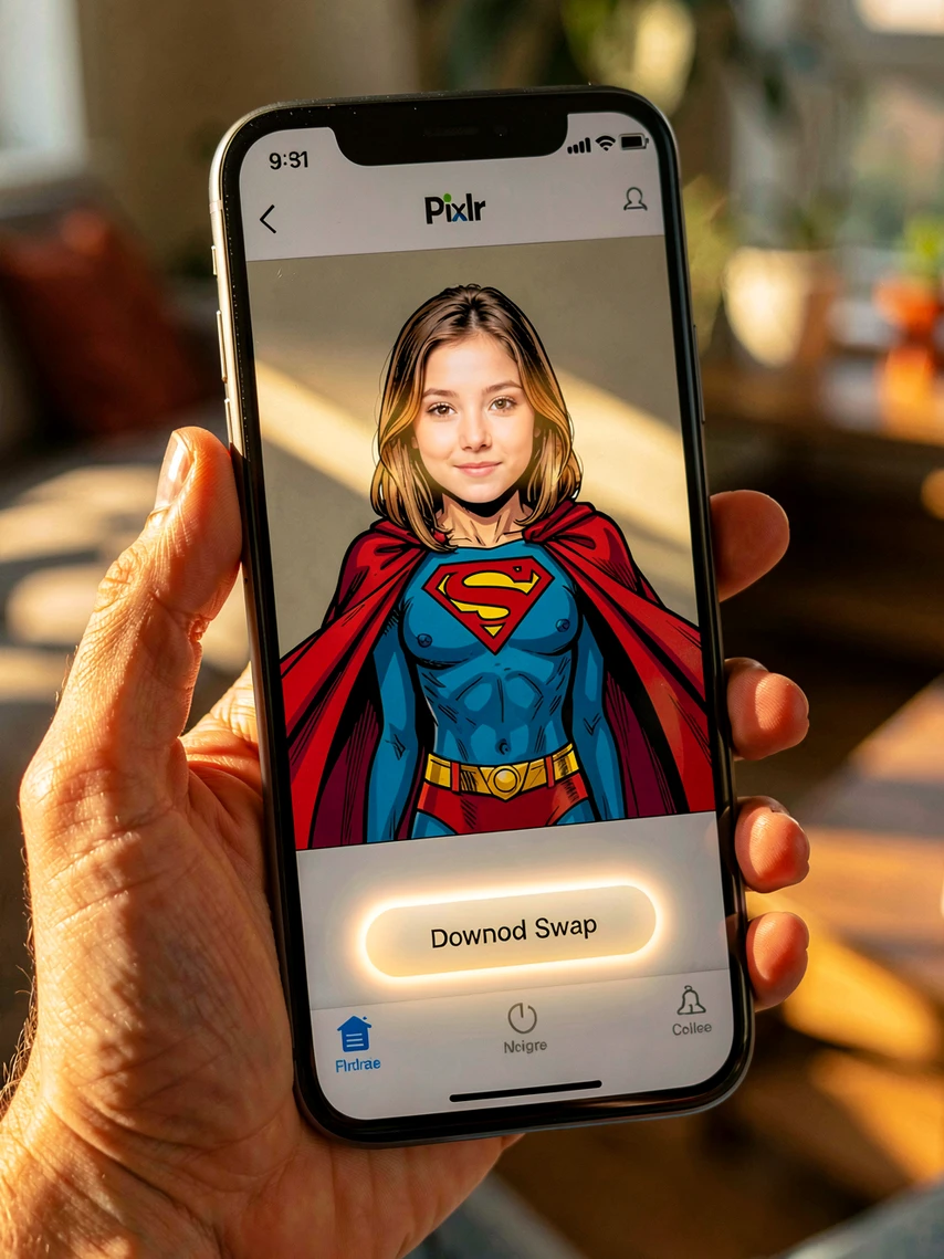 A modern smartphone held in one hand at a slight angle, the screen showing the Pixlr mobile app with a finished AI Face Swap result: a young woman's face transferred onto a Super Heroes template body in a comic-style cape pose, the download button highlighted with a soft glow, warm afternoon sunlight falling diagonally across the phone screen and the person's wrist, faint reflection on the glass, casual home interior blurred in the background. Style: lifestyle product shot. Mood: playful and approachable.