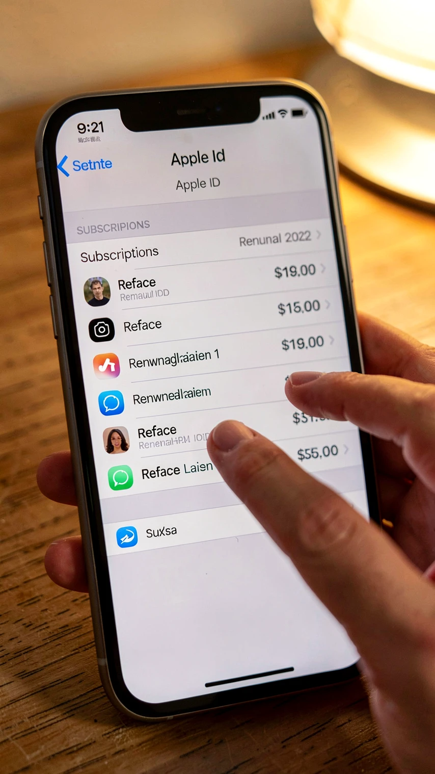 An iPhone Settings screen captured in detail, focused on the Subscriptions list under Apple ID, with the Reface row clearly visible alongside its renewal date and price. The phone is held at a slight angle on a wooden desk. A finger hovers above the Reface row about to tap. Soft warm lamp light from the upper right gives the screen a gentle glow without glare. Atmosphere: instructional, calm. Style: realistic phone-in-hand documentary photo.