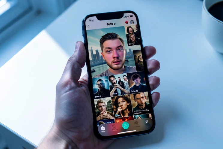 A modern smartphone held in a hand, screen lit up with the Reface app's face swap preview where a selfie is being mapped onto a movie clip thumbnail grid. The phone rests on a clean white desk with a coffee cup partially in frame. Soft, cool daylight comes from a window on the left, falling diagonally across the device with a faint reflection on the glass. Atmosphere: casual, observational. Style: clean editorial product photography.