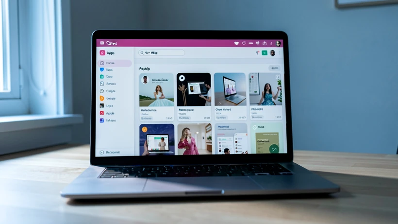A laptop screen displaying the Canva editor with the left sidebar Apps panel open and a search bar showing the typed query 'face swap', surface-level UI cards visible in the panel, set on a clean wooden desk in a quiet home office. Soft north-facing window light from the left, cool daylight at around 5500K, gentle highlights on the matte screen and a subtle shadow falling onto the desk surface. Calm, instructional, documentary-style photography.