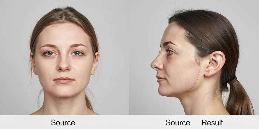 Two side-by-side photographic portrait comparisons stacked on a neutral light gray studio background, the left pair labeled 'Source' and 'Result' showing a clean front-facing portrait swap that looks natural, the right pair labeled 'Source' and 'Result' showing a side-profile swap with visible blending artifacts along the jawline and a slightly mismatched ear. Soft overhead studio lighting, balanced and shadow-free, color-accurate daylight at 5500K. Editorial review-magazine layout, calm and analytical.