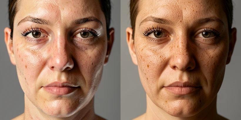 A close-up split comparison of the same human face shown twice, side by side. On the left half, a face encoded as a heavily compressed JPEG with visible 8x8 block artifacts along the cheekbone, jawline, and around the eyes; the skin texture looks plastic and edges are smeared. On the right half, the same face as a crisp PNG with intact pore texture, sharp eyelashes, and clean jaw contour. Setting: studio portrait against neutral gray seamless paper. Details: matched pose, matched expression, magnified to about 2x so the artifacts are obvious. Lighting: soft north-facing window light from camera left, warm-neutral temperature, gentle falloff into shadow on the right side of the face. Style: photographic, technical comparison reference. Mood: clinical, didactic.