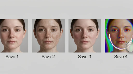 An iterative editing scenario shown as a horizontal sequence of four small thumbnails of the same face-swapped portrait, labeled "Save 1", "Save 2", "Save 3", "Save 4" in clean sans-serif lowercase white text under each thumbnail. Action: progressive JPEG re-save degradation, with skin texture growing softer, edges around the swapped face acquiring blocky halos, and color banding appearing in the background by the fourth thumbnail. Setting: flat neutral light-gray editorial layout background. Details: thumbnails sized identically, small magnifier circle on thumbnail four highlighting block artifacts along the jawline. Lighting: even ambient studio light inside each thumbnail, no shadows on the layout itself. Style: editorial diagram, photographic content inside the thumbnails. Mood: instructive, slightly clinical.