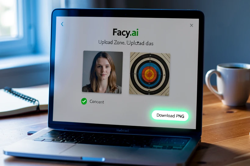 A close-up of a laptop screen showing the Facy.ai upload zone with a portrait photo and a target reference image side by side, a green checkmark next to a consent checkbox, and a Download PNG button glowing in the lower right. Setting is a tidy home desk with a coffee mug and notebook softly out of focus. Soft daylight from a window on the left falls across the screen with cool blue highlights and warm wood tones on the desk surface, calm and trustworthy atmosphere, clean editorial photography style.