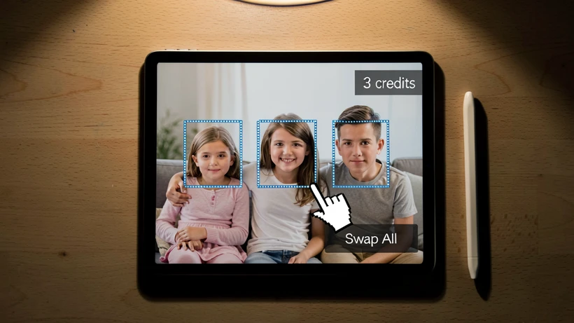 Overhead shot of a family group photo on a tablet screen with three faces highlighted by thin blue dotted boxes, a counter in the corner reading "3 credits" in clean sans-serif white text on a translucent dark panel, the cursor hovering over a Swap All button. Setting is a simple wooden table with a stylus resting nearby. Soft warm lamplight from above creates gentle highlights on the screen and a long muted shadow behind the tablet, focused and analytical mood, editorial product photography.