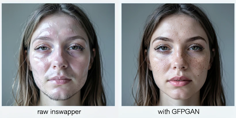 Two square portraits side by side of the same model after a face swap, the left frame labeled "raw inswapper" with soft, slightly waxy facial detail and indistinct eyelash and stubble texture, the right frame labeled "with GFPGAN" showing crisp pore detail, sharp iris boundary, and clean lip edge. Soft north-window daylight from the upper left, neutral grey seamless backdrop, balanced cool-neutral color, photographic editorial atmosphere with no stylization.