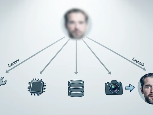 A flat diagnostic chart on a clean light background showing five labeled paths branching from a single blurry face thumbnail at the top, each path leading to a small icon (a wrench, a chip, a database stack, a camera lens, an upscale arrow) and ending in a sharper version of the same face. Soft diffused studio lighting from above, no harsh shadows, cool neutral atmosphere with subtle desaturated tones, infographic-clean editorial style.