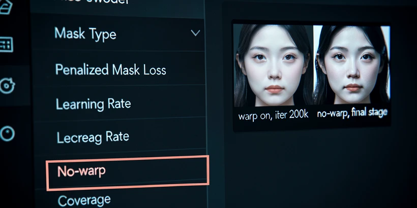 Close-up screenshot rendering of a desktop training panel for a face swap model on a dark application interface, with a labeled "No-warp" checkbox highlighted by a thin coral outline near the bottom of an options column listing items like "Mask Type", "Penalized Mask Loss", "Learning Rate", and "Coverage". A small inset on the right shows two thumbnail face crops side by side, the left labeled "warp on, iter 200k" looking soft, the right labeled "no-warp, final stage" looking visibly sharper. Cool monitor-glow lighting from the screen itself, slightly desaturated UI tones, technical editorial atmosphere.