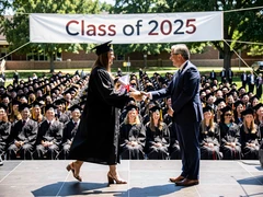 A graduate in a black cap and gown walking across an outdoor stage to accept a diploma, shaking hands with a university official. Rows of seated graduates fill the background under a bright midday sun, with a banner reading 'Class of 2025' stretched across the stage backdrop. Style: documentary photography, photorealistic. Mood: proud and milestone-marking.