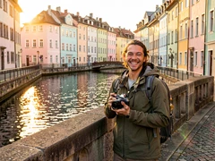 A solo traveler standing on a stone bridge over a canal in a European city, holding a camera and grinning at the lens. Pastel-colored buildings line the waterway behind them, and golden-hour sunlight skims across the water's surface, casting long warm reflections. Style: lifestyle travel photography, photorealistic. Mood: adventurous and carefree.