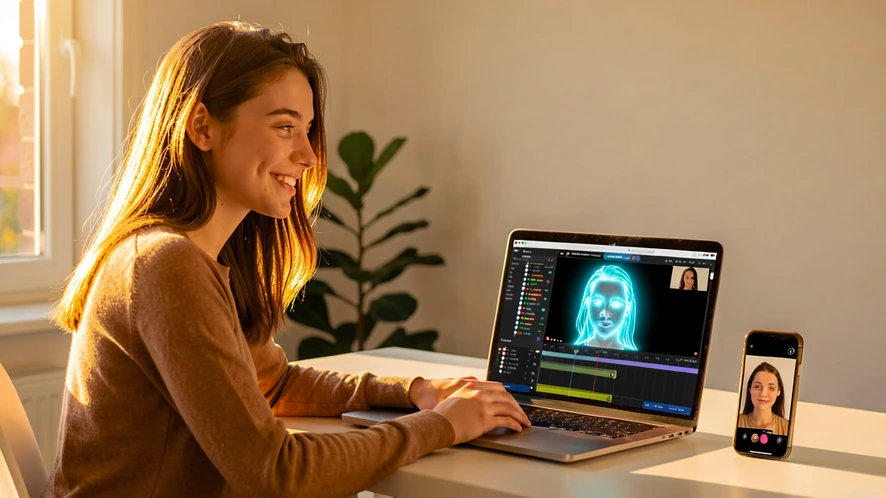 A young woman sitting at a bright desk, smiling at a laptop screen displaying a video timeline with a glowing face-match overlay. The room is a modern home office with warm afternoon light streaming through a window to the left, casting soft golden highlights across her face and the keyboard. A small phone beside the laptop shows a before-and-after video frame. Style: photorealistic editorial. Mood: confident and effortless.