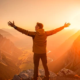 A person standing at the edge of a mountain overlook, arms spread wide, facing a sweeping valley landscape at golden hour. Warm amber sunlight floods from the right, illuminating the figure's face and jacket while the valley below glows in soft orange haze. Style: adventure travel photography, photorealistic. Mood: exhilarating and free.