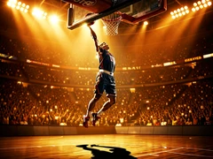 A basketball player mid-air above the rim, arm extended for a powerful dunk inside a packed indoor arena. Stadium floodlights blaze from above, creating sharp highlights on the player's jersey and a dramatic shadow on the court below. Crowd blur fills the background in warm orange and gold tones. Style: sports photography, photorealistic. Mood: electric and triumphant.