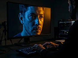A moody cinematic video frame displayed on a large monitor in a dark editing suite, showing a close-up face lit by a single dramatic side light in deep blue and amber tones. The editor's hands rest on a keyboard in the foreground, slightly out of focus. Style: film post-production photography, photorealistic. Mood: atmospheric and professional.