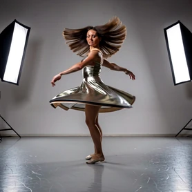 A dancer mid-spin on a polished studio floor, face turned toward the camera with a focused expression, hair fanning outward from the motion. Studio softboxes on both sides provide even, shadow-free lighting that highlights the dancer's features and the sheen of their costume. Style: dance performance photography, photorealistic. Mood: dynamic and precise.