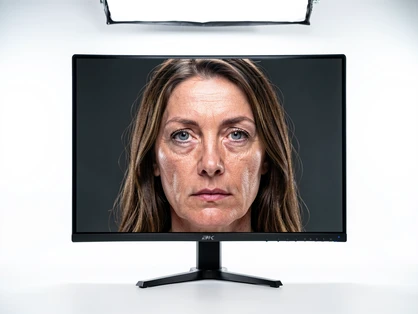 A large 4K monitor in a bright studio displaying a crisp video frame with a sharp, detailed face replacement result, every skin texture and hair strand rendered clearly. Overhead studio lighting illuminates the monitor evenly with no glare. Style: tech product photography, photorealistic. Mood: precise and high-fidelity.