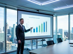 A business professional standing beside a large projection screen in a modern conference room, gesturing toward a bar chart slide. Floor-to-ceiling windows behind reveal a city skyline in daylight. Cool overhead LED panels provide even, shadow-free illumination across the speaker's face and suit. Style: corporate editorial photography, photorealistic. Mood: confident and professional.