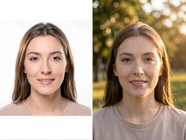 A split-screen preview showing a portrait photo on the left and a video frame on the right, both featuring the same face seamlessly matched. The left panel has a clean white background with soft studio lighting on the portrait. The right panel shows the face in a natural outdoor setting with warm daylight. Style: product UI mockup, photorealistic. Mood: clean and instructional.