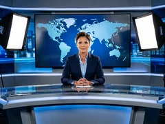 A professional news anchor seated behind a sleek broadcast desk, facing the camera with a composed expression. A large digital screen behind displays a world map graphic. Cool studio lighting from two softboxes flanking the camera illuminates the anchor's face evenly, eliminating shadows. Style: broadcast television, photorealistic. Mood: authoritative and polished.