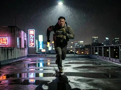 A lone figure in a tactical jacket sprinting across a rain-slicked rooftop at night, city lights blurring in the background. Neon signs reflect in puddles underfoot while a single harsh overhead streetlamp casts dramatic shadows across the runner's determined face. Style: cinematic action still, photorealistic. Mood: tense and high-stakes.