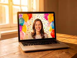 A cheerful video greeting card frame on a laptop screen showing a person's face composited into a festive scene with balloons and confetti. The laptop sits on a wooden table with soft warm light from a nearby window. Style: lifestyle product photography, photorealistic. Mood: warm and celebratory.