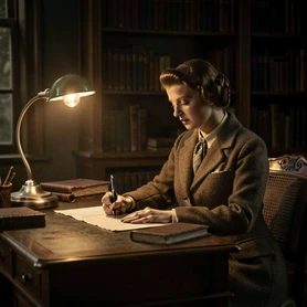 A person dressed in 1940s period clothing seated at a wooden desk in a dimly lit study, writing by the light of a single desk lamp. Warm incandescent light pools on the desk surface and the writer's face, leaving the bookshelves behind in soft shadow. Style: period drama photography, photorealistic. Mood: contemplative and historical.