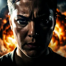 A dramatic close-up of a person's face inside a cinematic movie trailer frame, expression intense and determined, lit by a single harsh key light from the upper left casting deep shadows across one cheek. A blurred explosion fills the background in orange and black. The composition is tight, showing shoulders and face only. Style: Hollywood blockbuster still, photorealistic. Mood: epic and suspenseful.