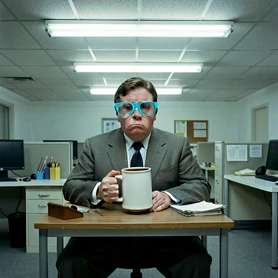 A person in an oversized suit and novelty glasses seated at a tiny desk in a brightly lit office parody set, holding a comically large coffee mug and staring deadpan at the camera. Flat fluorescent overhead lighting emphasizes the absurdity of the scene. Style: comedy sketch photography, photorealistic. Mood: dry and humorous.