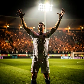 A soccer player celebrating a goal on a floodlit stadium pitch at night, arms raised and mouth open in a shout of triumph, jersey number visible. Bright stadium floodlights from above cast sharp highlights on the player's face and create long shadows on the grass. Crowd blur fills the background in warm stadium light. Style: sports photojournalism, photorealistic. Mood: victorious and raw.