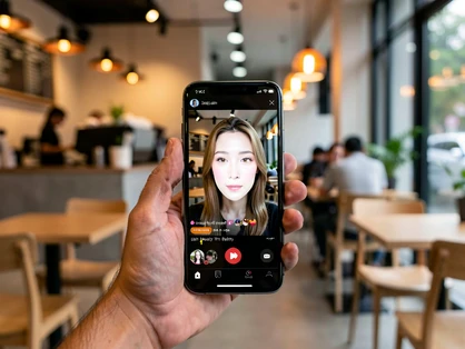 A smartphone held in one hand displaying a short video clip with a face-swapped result on screen, the background a blurred modern café with warm ambient lighting. The phone screen glows brightly against the soft-focus background. Style: mobile lifestyle photography, photorealistic. Mood: casual and contemporary.