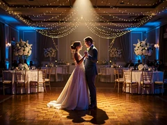 A couple sharing their first dance on a polished ballroom floor, surrounded by round tables with white floral centerpieces and soft fairy lights draped from the ceiling. The bride's gown catches the warm spotlight from above while the groom's suit reflects subtle blue ambient light from the sides. Style: elegant wedding photography, photorealistic. Mood: romantic and timeless.