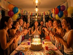 A cheerful group of friends gathered around a cake-covered table at an indoor birthday party, laughing and clapping as candles are blown out. Colorful balloons and streamers fill the background. Warm overhead party lights mix with soft candlelight, casting a festive amber glow across smiling faces. Style: candid snapshot, photorealistic. Mood: joyful and celebratory.