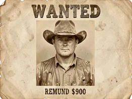 A sepia-toned frontal mugshot-style portrait of a person in a dusty cowboy hat and worn leather vest, printed on aged parchment paper with the words WANTED in large distressed wood-type lettering above and a reward amount below. Flat, even natural daylight typical of 19th-century photography. Style: antique Western photography. Mood: rugged and humorous.