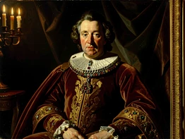 A richly detailed oil-painting-style portrait of a figure in 17th-century royal robes — deep crimson velvet, gold embroidery, and a jeweled collar — seated before a dark draped background with a gilded frame edge visible at the border. Warm candlelight from the upper left creates deep chiaroscuro shadows. Style: Dutch Golden Age portraiture. Mood: grand and theatrical.