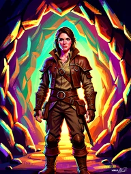A vibrant digital illustration of a person in a fantasy adventurer's outfit standing at the entrance of a glowing cave, face rendered in a semi-realistic painterly style with visible brushstroke texture, rich saturated colors, and dramatic rim lighting from the cave's inner glow. Style: concept art illustration. Mood: adventurous and vivid.