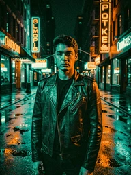 A dramatic portrait of a person in a leather jacket standing on a rain-slicked city street at night, the entire image graded in a teal-and-orange cinematic palette with lifted black levels and subtle film grain, neon signs reflecting in puddles behind them. Cool blue-teal shadows contrast with warm amber highlights. Style: cinematic color-graded photography. Mood: moody and stylized.
