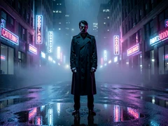 A lone figure in a long dark trench coat standing at the center of a rain-soaked city street at night, neon signs reflecting in puddles around their feet, fog drifting between tall buildings. Cool blue and magenta neon light falls from above, creating dramatic contrast on the face and coat. Style: cinematic noir photography. Mood: mysterious and atmospheric.